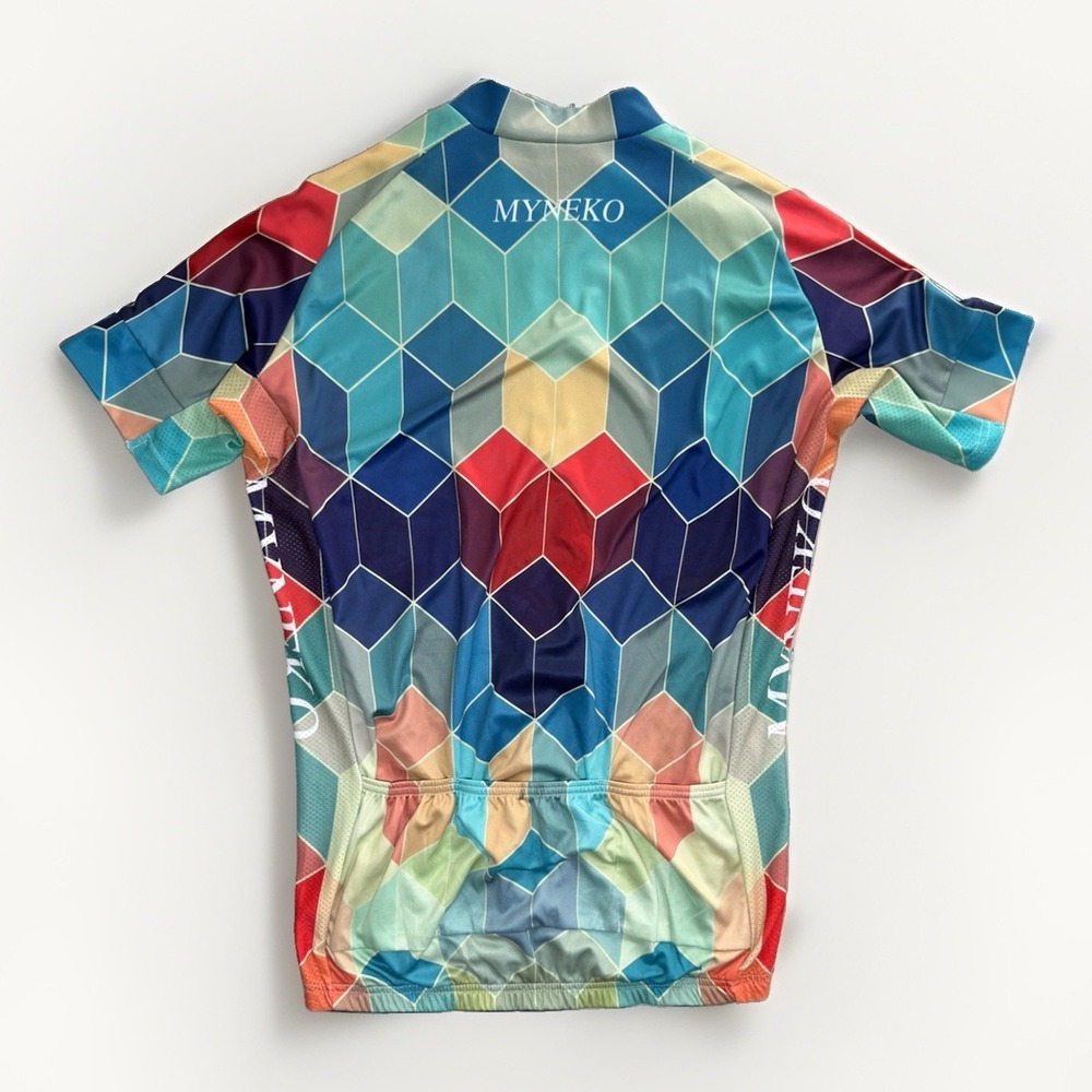 MYNEKO Men's L Cycling Jersey Colorful Geometric Full Zip 3 Pocket - Picture 2 of 4